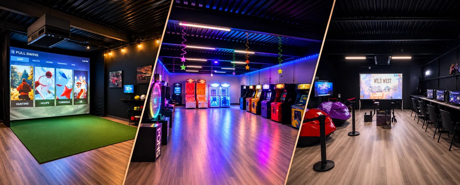 Three views of SquareOne Interactive: the MultiSport simulator showing hunting, hoops, cornhole, and QB games, the Party Arcade Zone with arcade cabinets, and the Gaming Zone with simulator seats and gaming stations