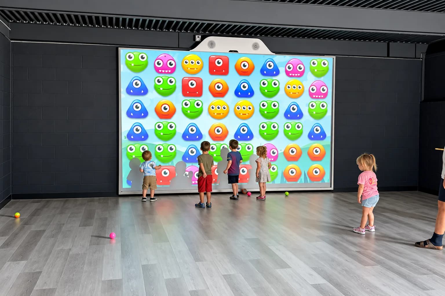 Children throwing balls at a wall-sized MultiBall screen full of colorful monster targets