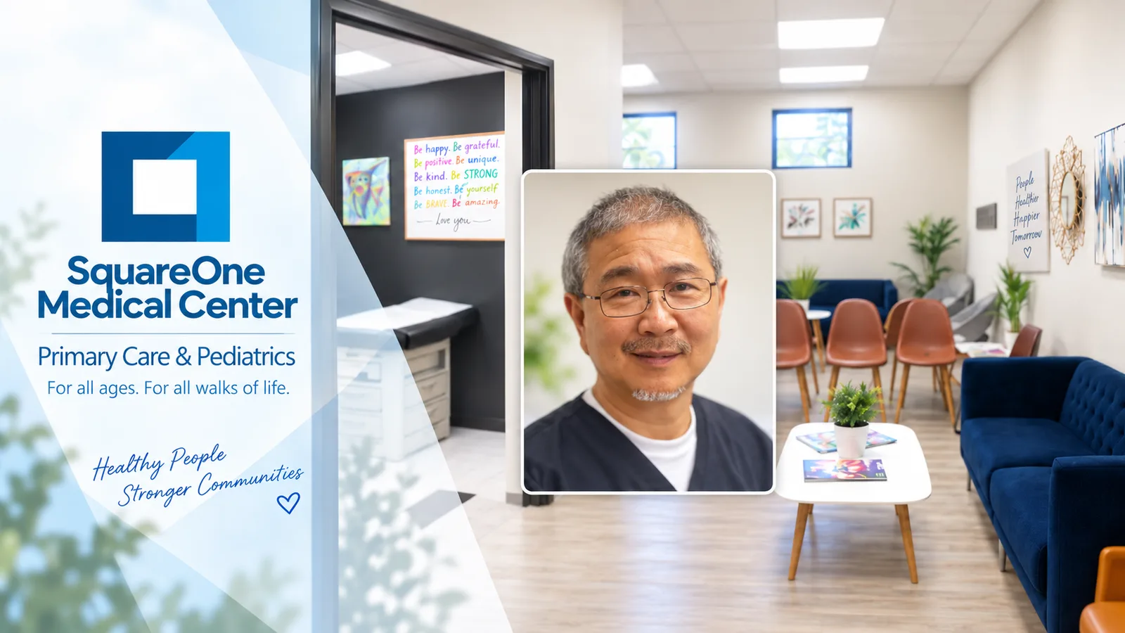 SquareOne Medical Center: the waiting room with blue sofas and an exam room, with a portrait of Dr. Abel Lau