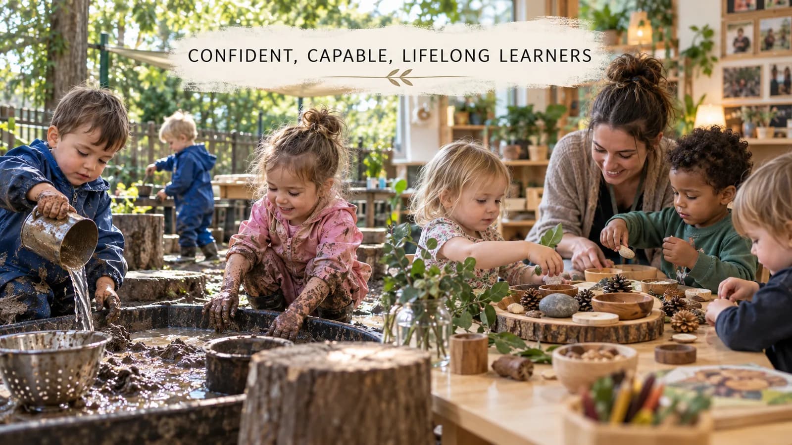 Children at SquareOne Early Learning Center playing in a mud kitchen outdoors and sorting pinecones and stones with a teacher indoors. Confident, capable, lifelong learners.