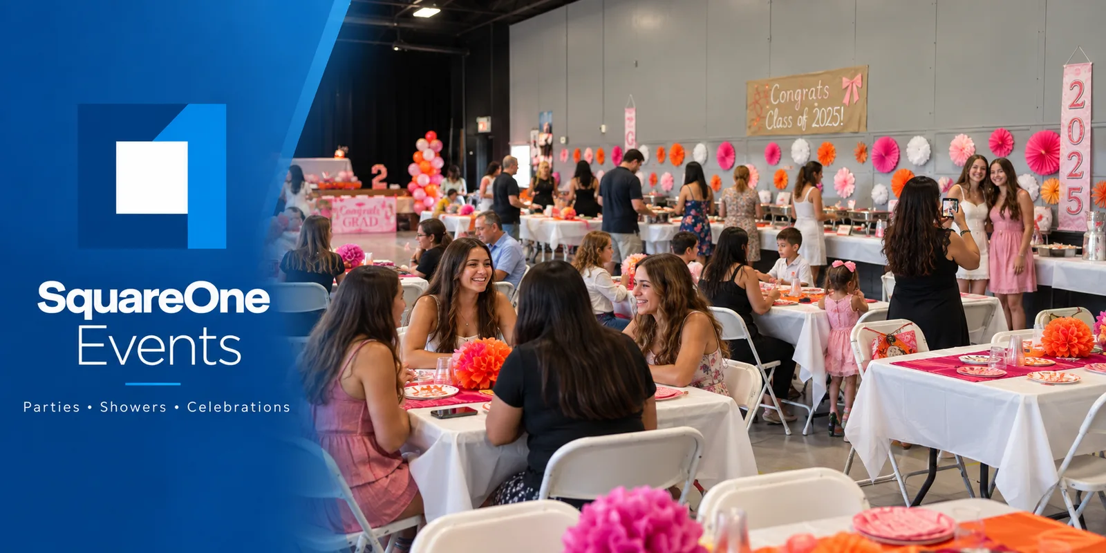 SquareOne Events: a graduation party in the Gym/Multipurpose Room with guests at decorated tables. Parties, showers, celebrations.